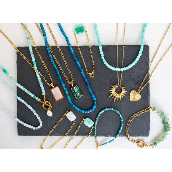 Turquoise Amazonite Gemstone Necklace Gold Toggle Clasp Removable Baroque Pearl - Picture 9 of 12